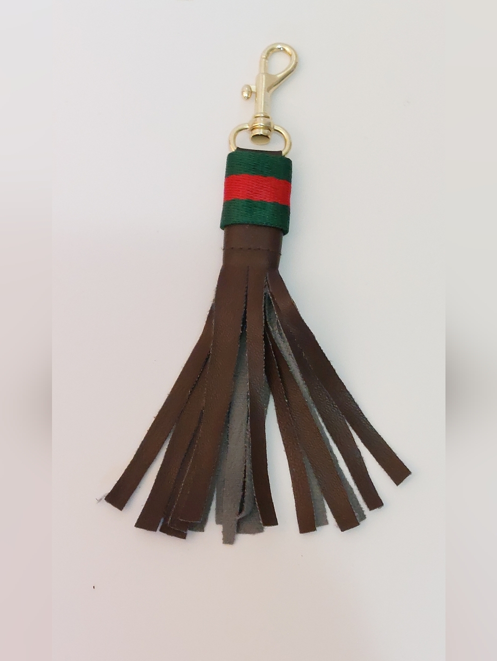 Gucci Brown Leather Tassel Bag Charm With Iconic Green/Red Stripes - Picture 8 of 8